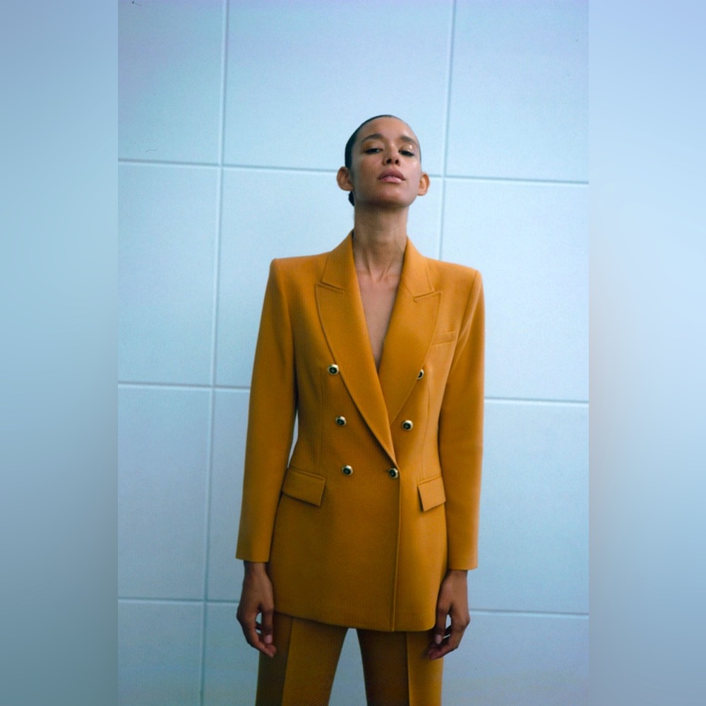 Zara Camel Double Breasted Blazer with Gold Buttons US Size Medium